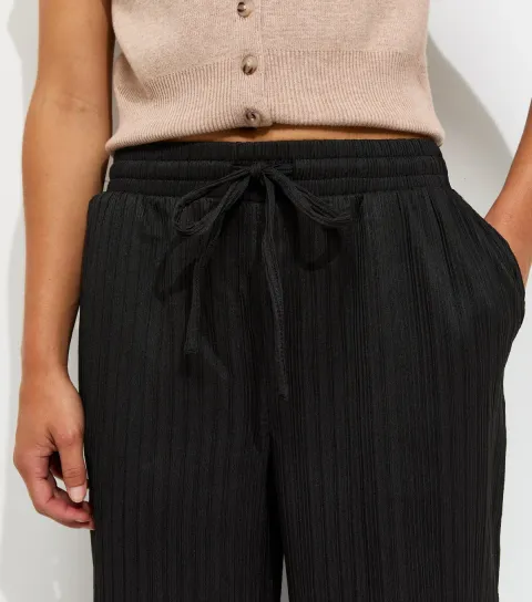 Women's Petite Black Crinkle Jersey Wide Leg Trousers