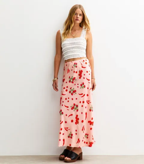 Women's Pink Wild Strawberry Print Midi Skirt