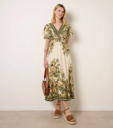Women's Green Tropical Print Midi Dress