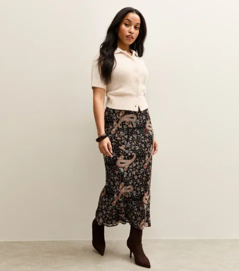 Women's Petite Black Paisley Chiffon Bias Cut Midi Skirt