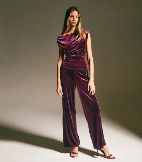 Women's Burgundy Velvet Wide Leg Trousers