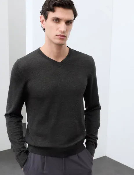 Autograph Pure Extra Fine Merino Wool V-Neck Jumper Charcoal