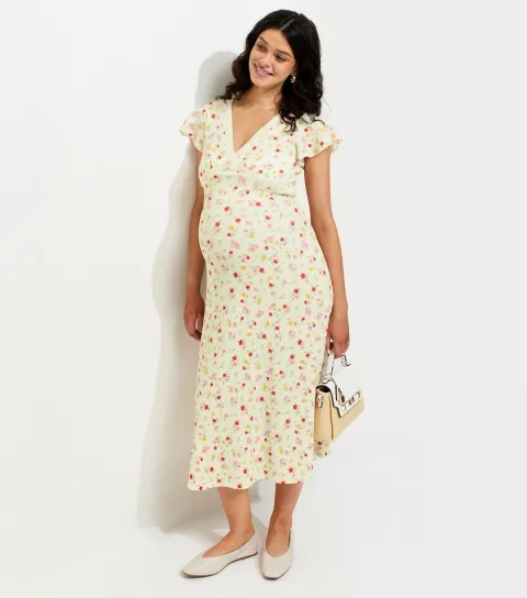 Women's Maternity Cream Floral Flutter Sleeve Lace Trim Midi Dress