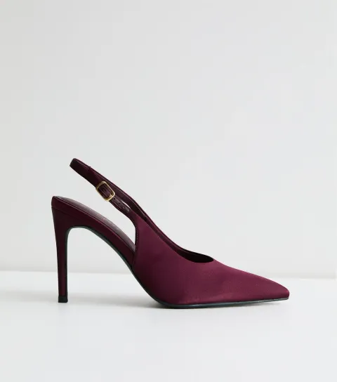 New Look Women's Dark Burgundy Satin High Vamp Slingback Court Shoes Vegan