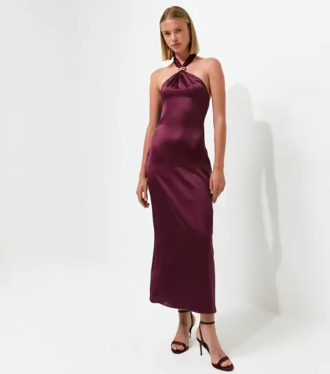 New Look Women's Dark Burgundy Satin Hardware Detail Halter Neck Midi Dress
