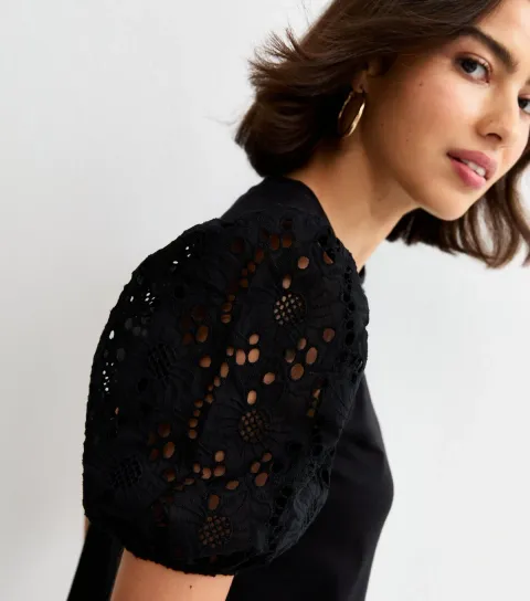 Women's Black Broderie Anglaise Puff Sleeve Top
