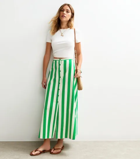 Women's Green Stripe Print Poplin Button Front Midi Skirt