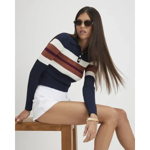 River Island Cotton Stripe Long Sleeve Polo Top