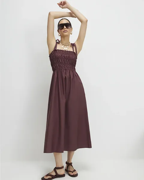 River Island Cotton Shirred Midi Dress