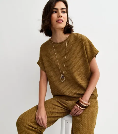 Women's Khaki Brown Textured Short Sleeve Top