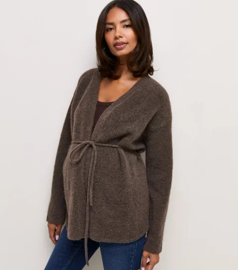 Women's Maternity Dark Mink Knitted Belt Cardigan
