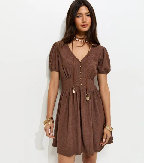 Women's Brown Crinkle Texture V-Neck Button Front Mini Dress