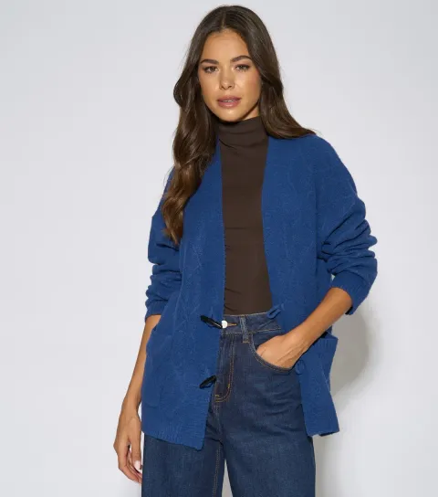 Women's Blue Diamond Pattern Button Front Cardigan