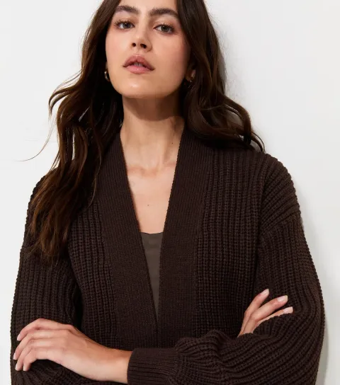 Women's Dark Brown Ribbed Knit Balloon Sleeve Cardigan