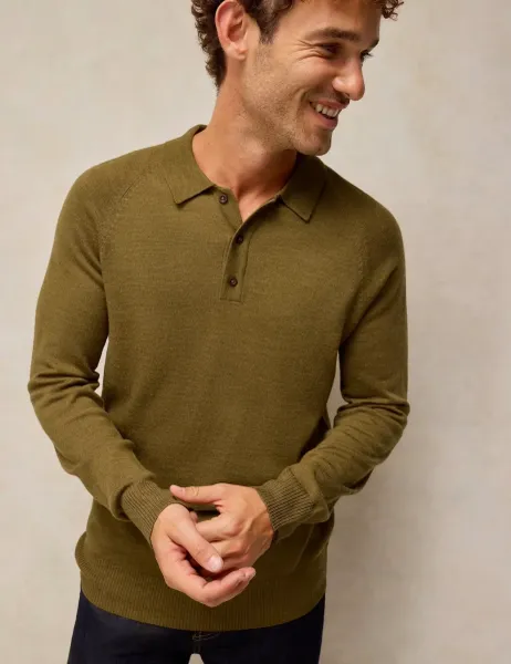 White Stuff Pure Merino Wool Knitted Polo Shirt Dark Green