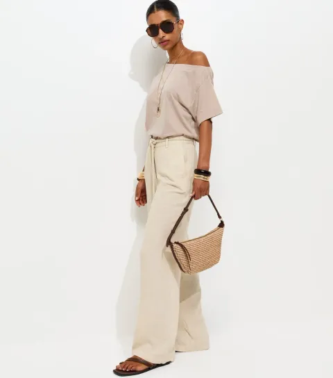 Women's Cream Braided Belt Wide Leg Trousers