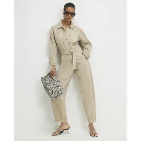 River Island Denim Belted Barrel Leg Jumpsuit
