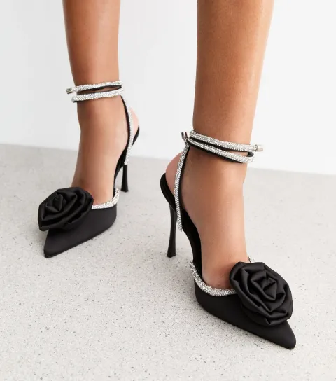 Women's Black Crystal Rose Satin Stiletto Court Shoes
