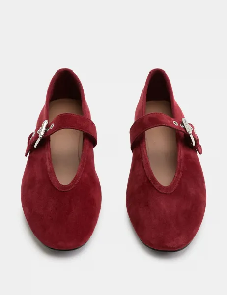 Marks & Spencer Suede Flat Round Toe Mary Jane Ballet Pumps Dark Red