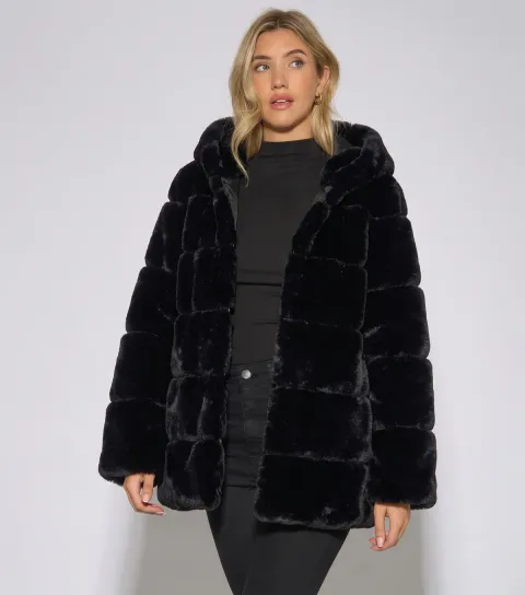 Gini London Women's Black Horizontal Faux Fur Hooded Jacket