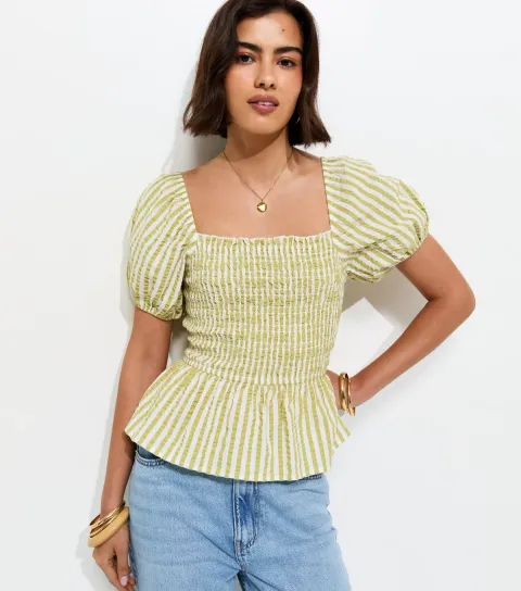 Women's Light Green Stripe Cotton Shirred Peplum Blouse