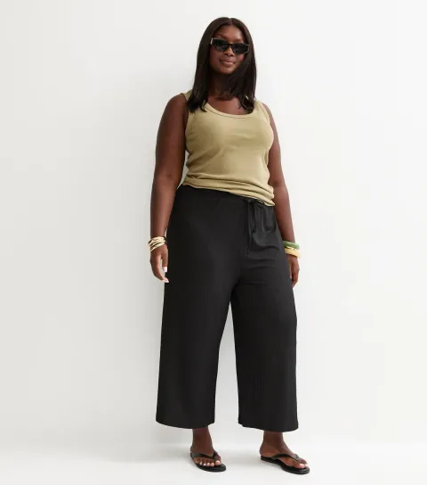 Women's Plus Size Black Ribbed Drawstring Cropped Trousers Curves