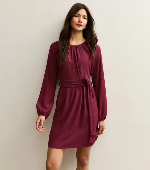 Women's Dark Burgundy Crinkled Jersey Belted Mini Dress