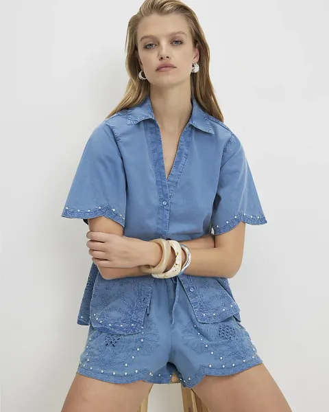 River Island Cotton Chambray Broderie Studded Shirt