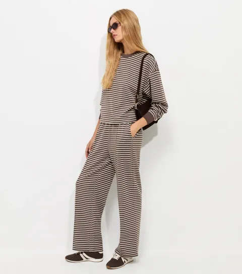 Women's Premium Brown Striped Wide Leg Jogger Trousers