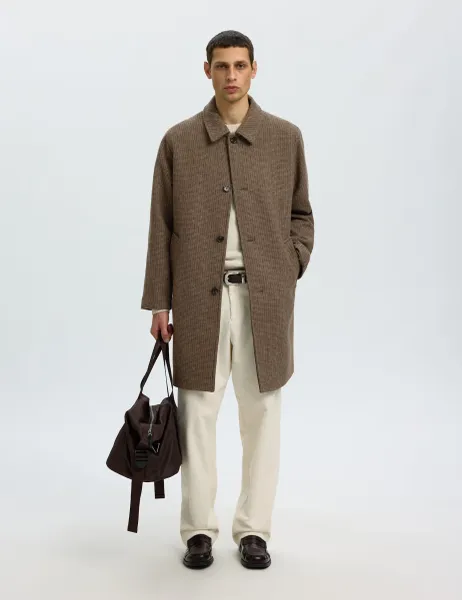 Selected Wool Blend Checked Car Coat Brown