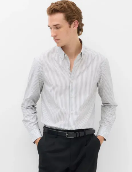 Marks & Spencer Regular Fit Pure Cotton Striped Shirt Grey Mix