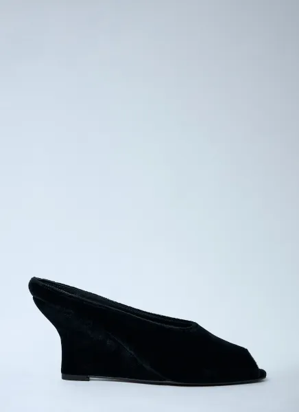 Velvet Peep-Toe Wedge Mules