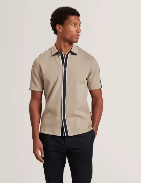 Ted Baker Cotton Blend Two-Tone Button Through Polo Shirt Taupe