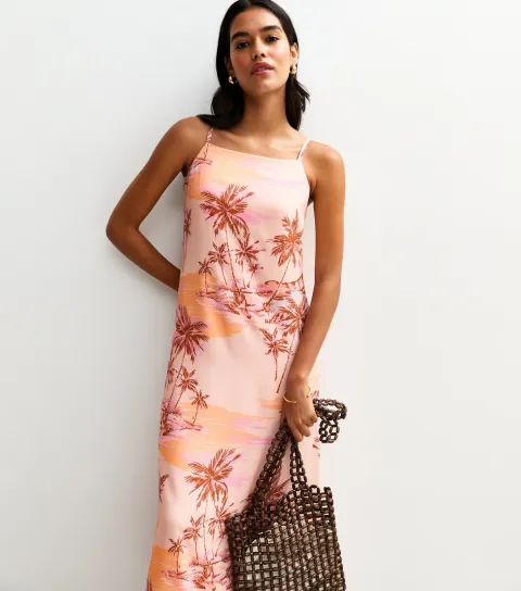 Women's Pink Palm Print Square Neck Midi Dress