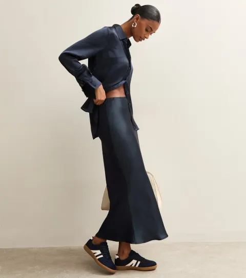 Women's Navy Satin Bias Cut Midi Skirt