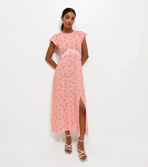 Women's Pink Floral Lace Waist Midi Dress