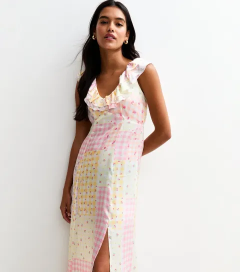 Women's Multicolour Sleeveless Satin Patchwork Print Midi Dress