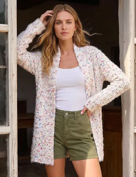 Roman Textured Longline Cardigan Ivory Mix
