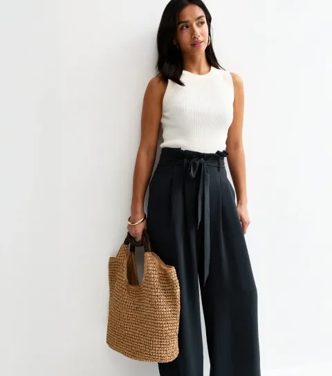 Women's Petite Navy Paper Bag Waist Wide Leg Trousers
