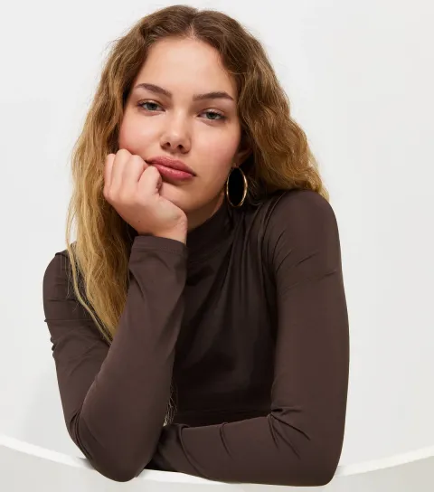 Women's Dark Brown Slinky Jersey High Neck Long Sleeve Top