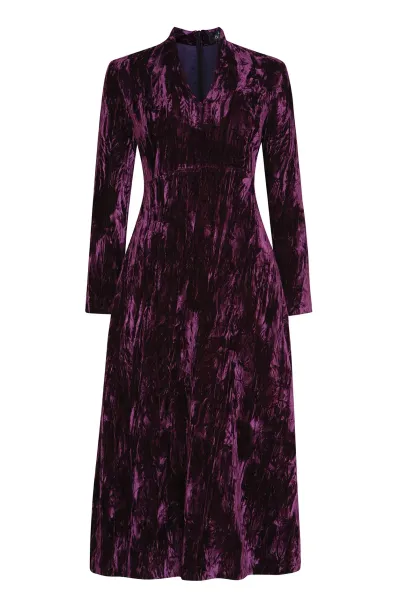 Long-Sleeved Dress with A-Line Skirt in Aubergine Crushed Velvet - Emilia