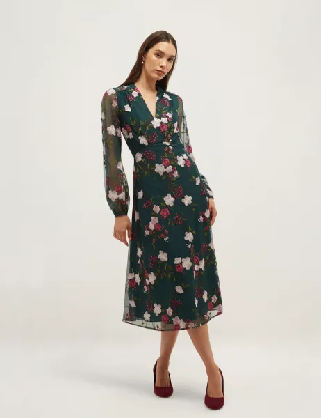Hobbs Floral Embroidered V-Neck Skater Dress Green Mix
