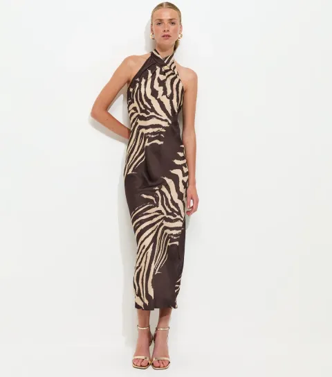 Women's Brown Satin Zebra Print Halterneck Midi Dress