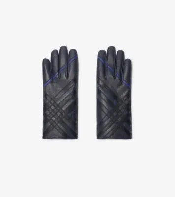 Check Intarsia Leather Gloves in Storm blue