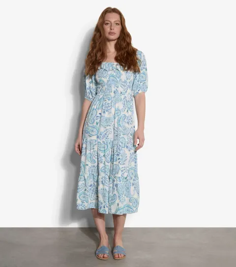 Women's Blue Paisley Print Milkmaid Dress