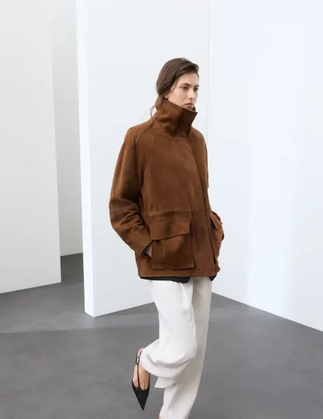 Autograph Suede Funnel Neck Longline Jacket Tan