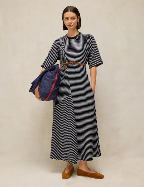Tierney Pure Cotton Jersey Striped Midi T-Shirt Dress Navy Mix