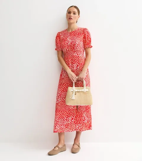 Women's Red Crepe Floral Print Mix Short Sleeve Midi