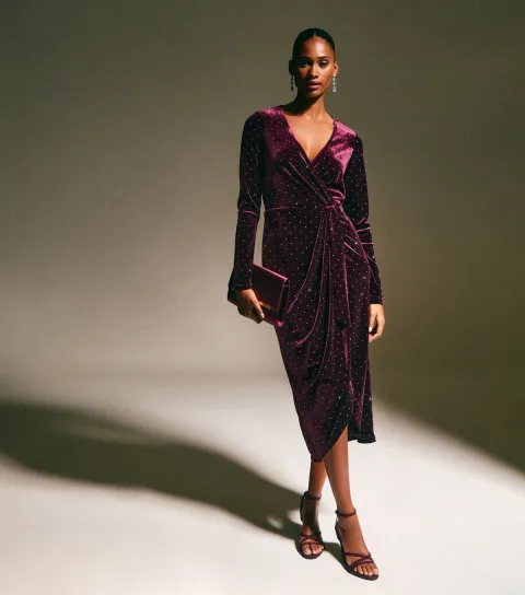 Women's Dark Burgundy Velvet Diamante Embellished Wrap Midi Dress