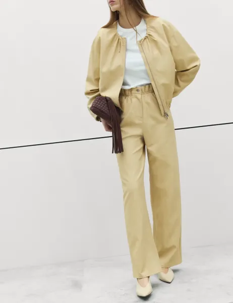 Marks & Spencer Leather Look Paperbag Wide Leg Trousers Pale Straw